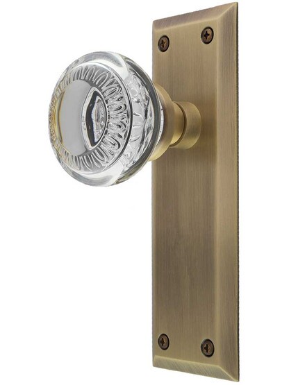 New York Door Set with Ovolo Crystal-Glass Knobs in Antique Brass.
